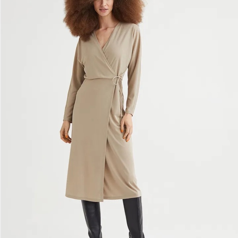 H&M Taupe Long Sleeve Wrap Dress